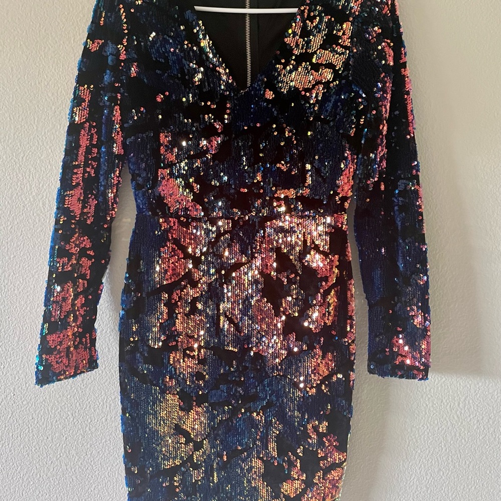 Rainbow sequin and velvet V neck long sleeve mini dress size medium